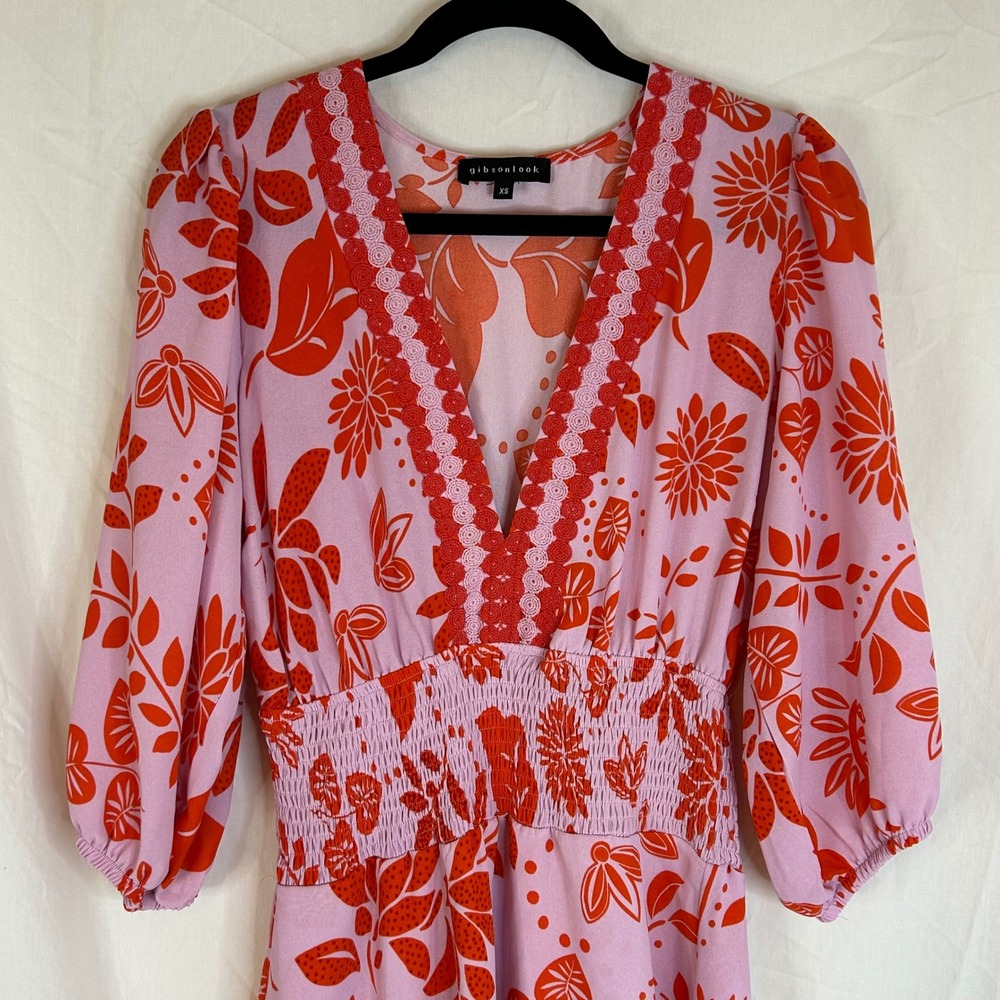 Gibson Look Floral Print Mini Dress Smocked Waist V Neck XS‎ - Picture 2 of 10